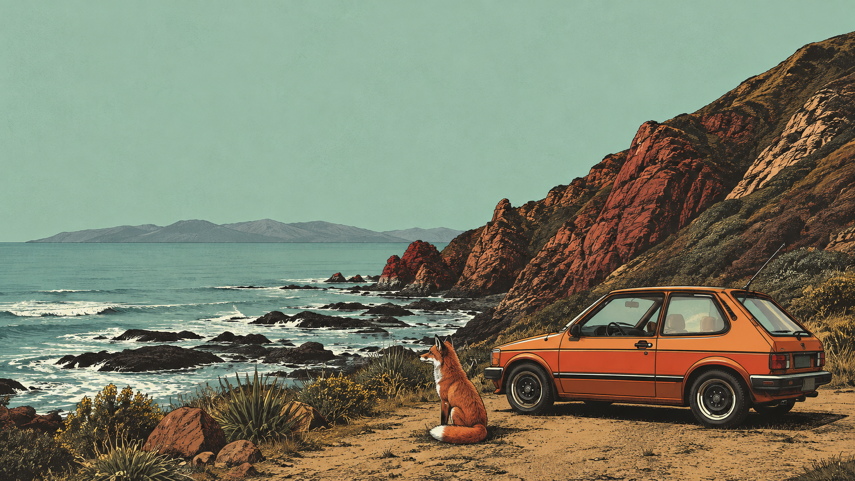 Illustration of a fox beside a hatchback parked on a rugged New Zealand coastline