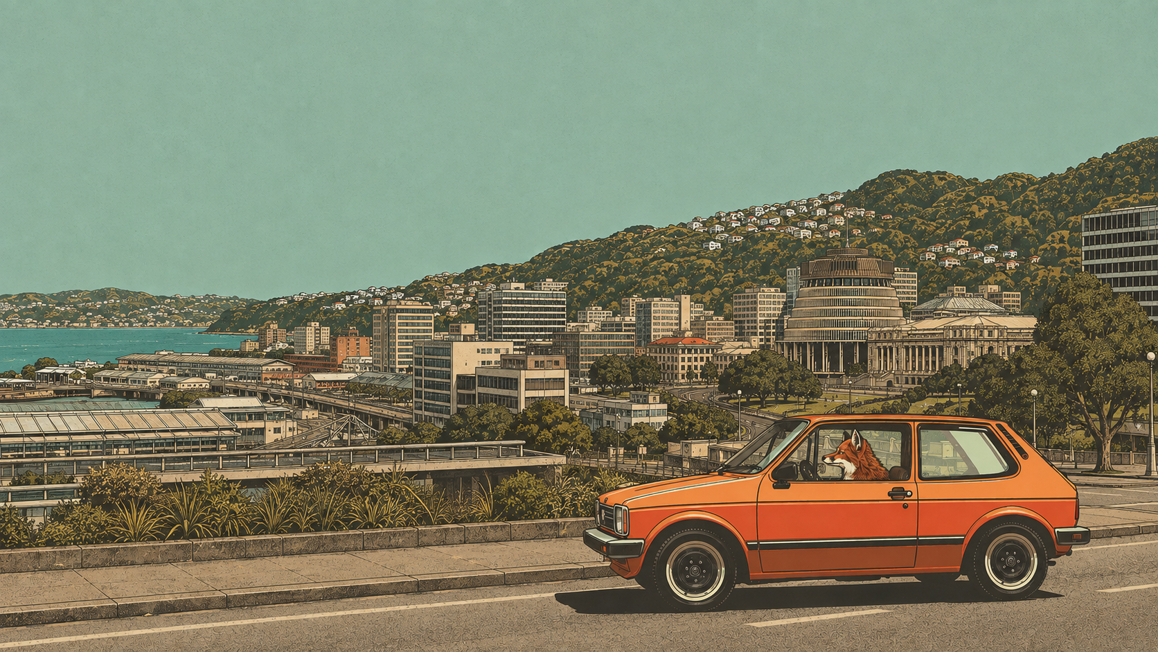 Illustration of a fox driving an orange car along the Wellington waterfront with the Beehive and harbour in the background
